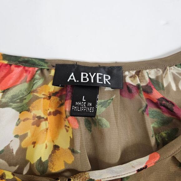 A Byer Brown Floral Sheer Short Sleeve Top Large Tie Neck - Picture 2 of 7